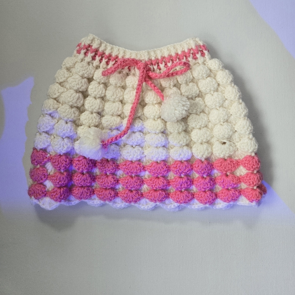 Girls Handmade Crochet Skirt  Toddler White Pink